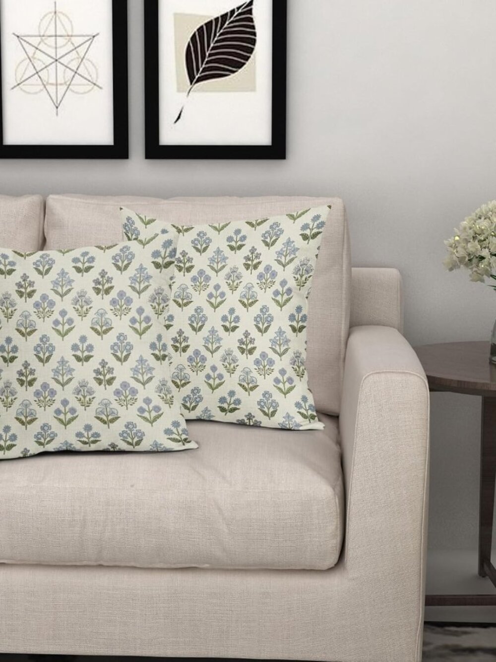 Blue Green Block Print Pillow Covers 18x18 Inch Set of 2, Vintage Floral Spring - Picture 7 of 8